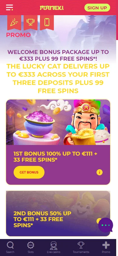 Maneki mobiele versie van de website